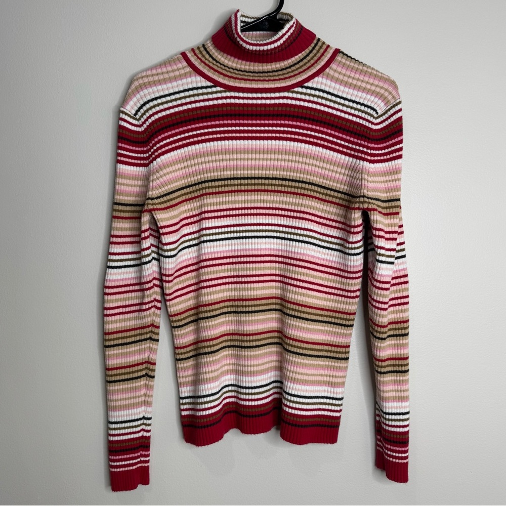GAP Y2K Vintage Striped Ribbed Turtleneck Red Pink White Indie Size XL Women's